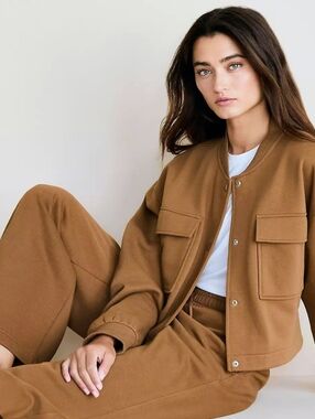 LOFT Lou & Grey  Brown Cropped Fleece Bomber Jacket. Sz M